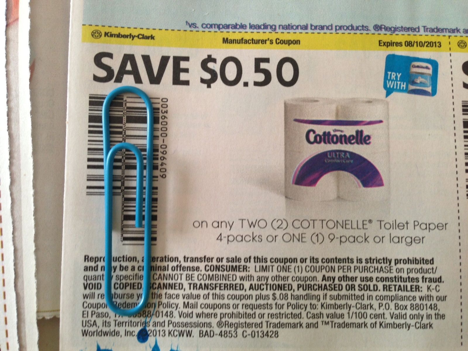 Save $0.50 on any TWO (2) Cottonelle Toilet Paper 4 packs or ONE (1) 9 pack or larger Expires 8-10-2013
