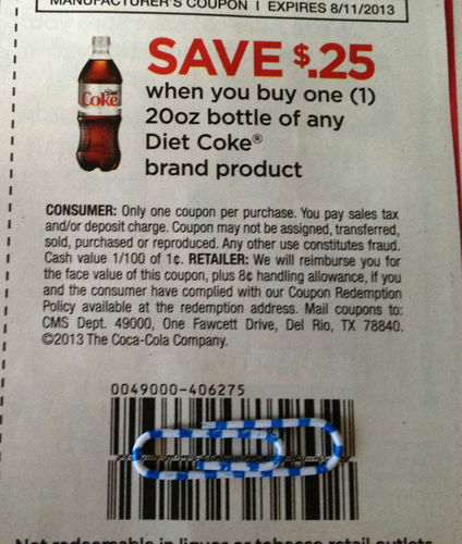 Save $0.25 when you buy one (1) 20oz bottle of any Diet Coke brand product Expires 8-11-2013