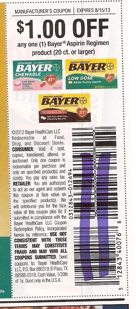$1.00 off any one (1) Bayer Aspirin Regimen product (20ct or larger) Expires 8-15-2013