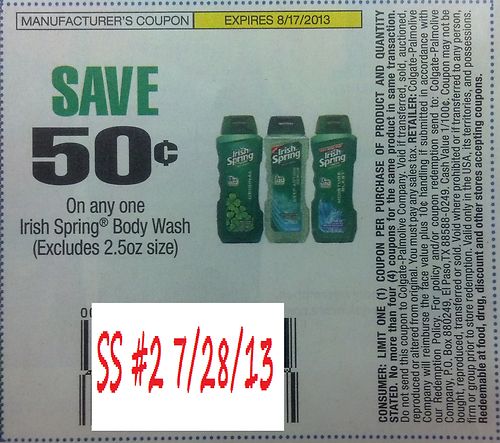 Save $0.50 on any one Irish Spring Body Wash (Excludes 2.5 oz size) Expires 08-17-2013