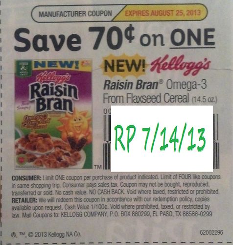 Save $0.70 on One Kellogg's Rasin Bran Omega-3 from Flaxseed Cereal (14.5 oz) Expires 8-25-2013