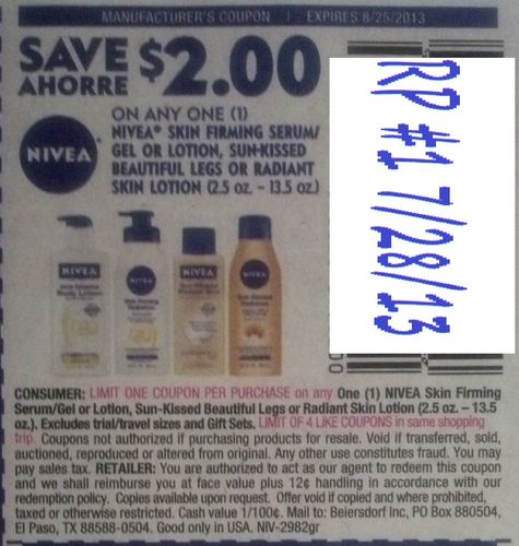 Save $2.00 on any one (1) Nivea skin firming serum/gel or lotion, sun-kissed beautiful legs or radiant skin lotion (2.5 oz - 13.5 oz) Expires 8-25-2013