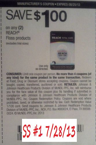 Save $1.00 on any (2) Reach Floss Products (Excludes trial size) Expires 8-25-2013
