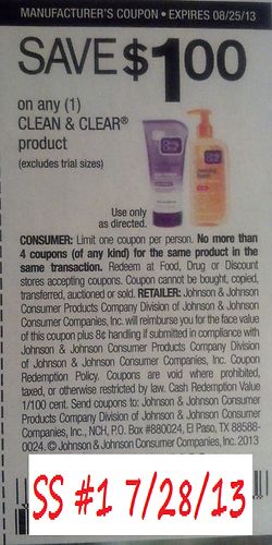 Save $1.00 on any (1) Clean & Clear product (Excludes Trial Size) Expires 8-25-2013