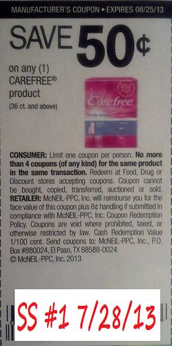 Save $0.50 on any (1) Carefree product (36ct or larger) Expires 08-25-2013