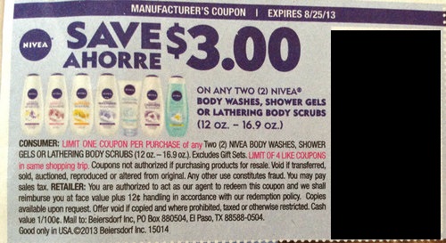 Save $3.00 on any two (2) Nivea body washes, shower gels or lathering body scrubs (12oz-16.9oz) Expires 08/25/2013