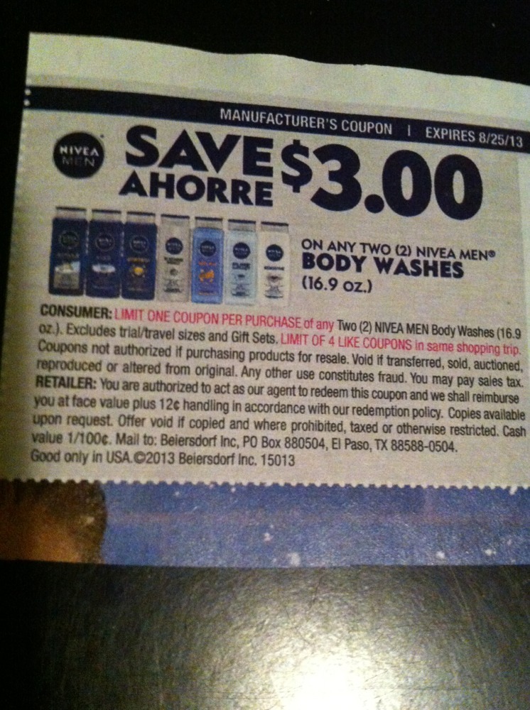 Save $3.00 on any two (2) Nivea men body washes (16.9oz) Expires 08/25/2013