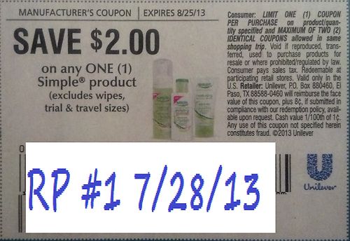 Save $2.00 on any ONE (1) Simple Product (excludes wipes, trial, & Travel Size) Expires 8-25-2013