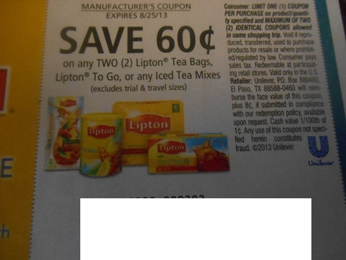 Save $0.60 on any two (2) Lipton Tea Bags Lipton to go or any Iced Tea Mixes (excludes trail/travel size) Expires 8-25-2013