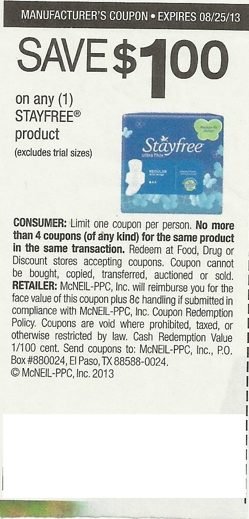 Save $1.00 on any (1) Stayfree product (excludes trail sizes)