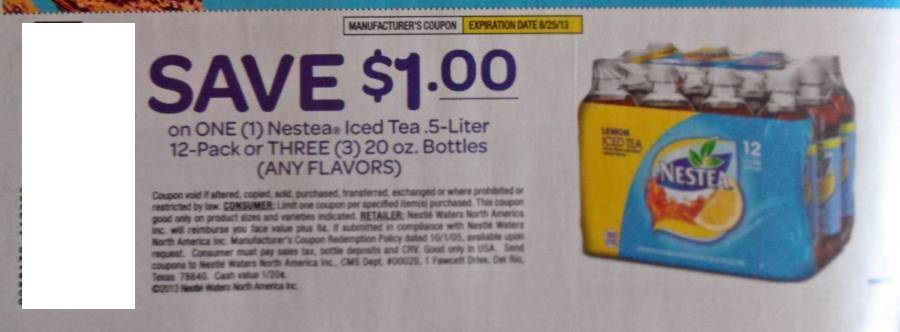Save $1.00 on one (1) Nestea Iced Tea .5 liter 12 pack or three (3) 20 oz bottles (any Flavors) Expires 08-25-2013