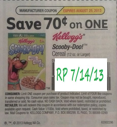 Save $0.70 on one Kellogg's Scooby-Doo! Cereal (12oz or larger) Expires 8-25-2013