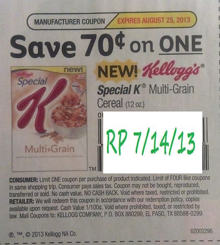 Save $0.70 on one New! Kellogg's Special K Multi-Grain Cereal (12oz) Expires 8-25-2013