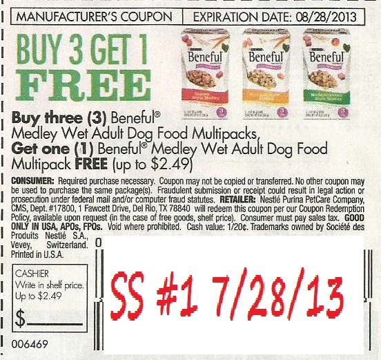 Buy three (3) Beneful Medley Wet Adult Dog Food Multipacks, Get one (1) Beneful Medley Wet Dog Food Multipack FREE (Up to $2.49) Expires 8-28-2013