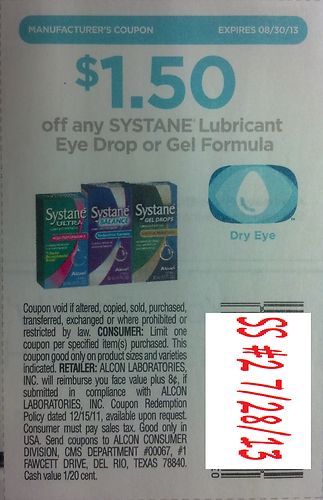 $1.50 Off any Systane Lubricant Eye Drop or Gel Formula Expires 8-30-2013