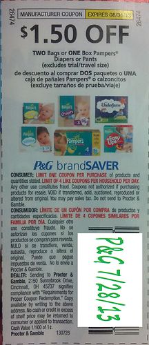 $1.50 Off Two Bags or ONE Box Pampers Diapers or Pants (Excludes trial/Travel size) Expires 8-31-2013