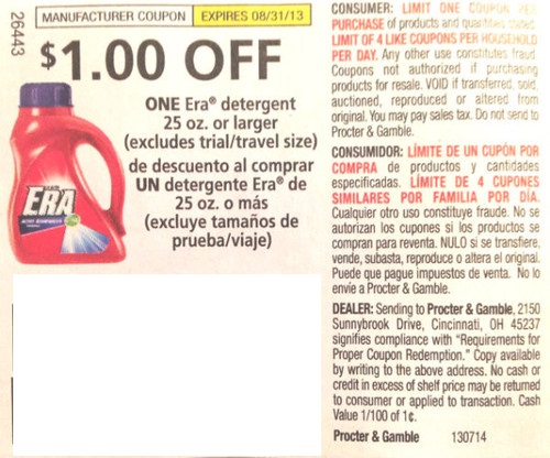 $1.00 off One Era detergent 25 oz or larger (Excludes trial/travel size) Expires 8-31-2013