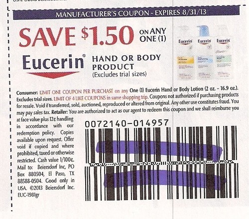 Save $1.50 on any one (1) Eucerin hand or body product (excludes trial sizes) Expires 8-31-2013