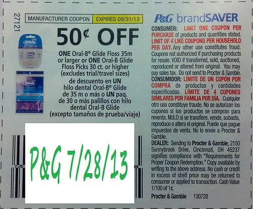 $0.50 off One Oral-B Glide Floss 35m or larger or ONE Oral-B Glide Floss 30 ct or higher (Excludes trail/travel size) Expires 08-31-2013