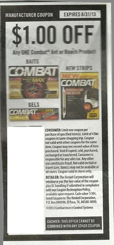 $1.00 off any ONE combat Ant or Roach Product Expires 8-31-2013