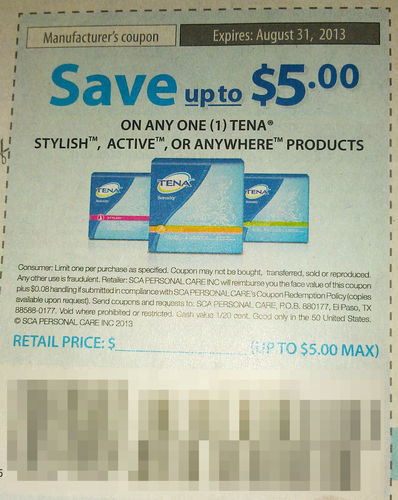 Save up to $5.00 on any one (1) Tena stylish, active, or anywhere products Up to $5.00 max Expires 8-31-2013