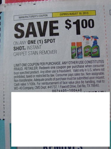 Save $1.00 on any one (1) Spot Shot Instant Carpet Stain Remover Expires 8-30-2013