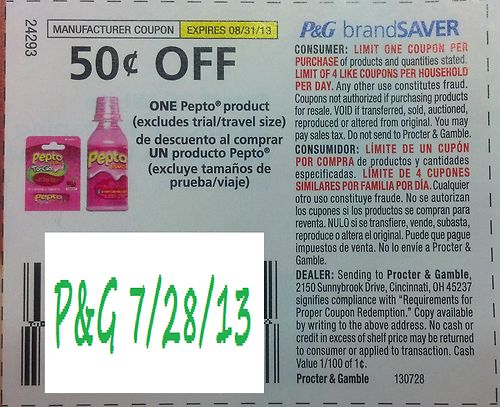 $0.50 off One Pepto product (Excludes trial/travel size) Expires 8-31-2013