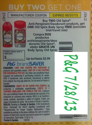 Buy TWO Old Spice Anti-Perspirant/Deodorant products, get ONE Old Spice Body Spray FREE (excludes trial/travel size) Expires 8-31-2013