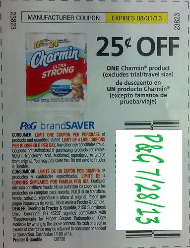 $0.25 off one Charmin product (Excludes trial/travel size) Expires 8-31-2013