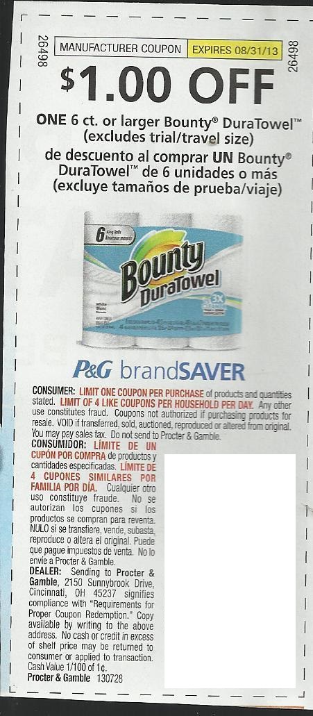 $1.00 off one 6 ct or larger Bounty DuraTowel (Excludes trial/travel size) Expires 8-31-2013