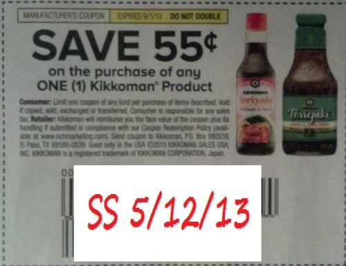 Save $0.55 on the purchase of any One (1) Kikkoman product Expires 09-01-2013