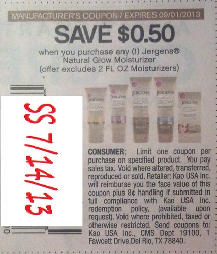 Save $0.50 when you purchase any (1) Jergens Natural Glow Moisturizer (offer excludes 2 FL OZ moisturizers) Expires 09-01-2013