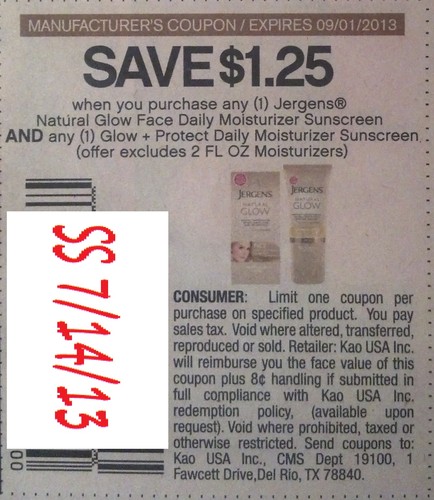 Save $1.25 when you purchase any (1) Jergens Natural Glow Face Daily Moisturizer Sunscreen AND any (1) Glow+Protect Daily moisturizer sunscreen (offer excludes 2 FL OZ moisturizers) Expires 09-01-2013