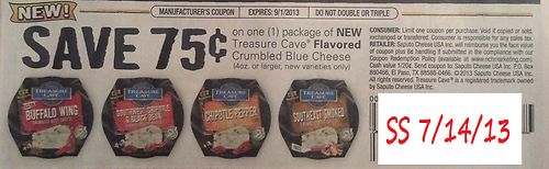 $0.75 off one package of New Treasure Cave Flavored Crumbled Blue Cheese Expires:  Sep-01-2013