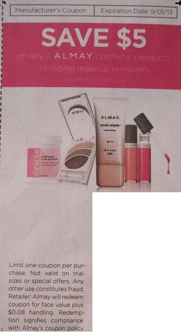 Save $5.00 on any 2 Almay cosmetic products including makeup removers (excludes trial/travel) Expires 09-01-2013