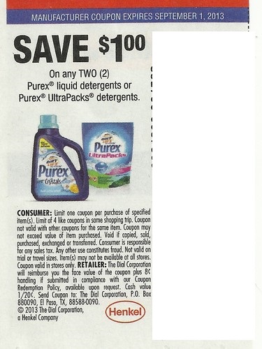 Save $1.00 on any two(2) Purex liquid detergents or Purex Ultrapacks detergents Expires 09-01-2013
