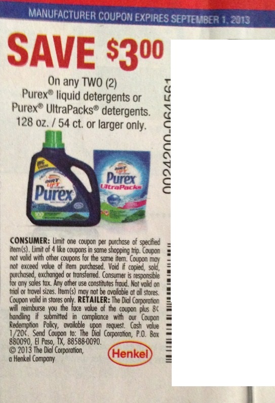 Save $3.00 on any two (2) Purex liquid detergents or Purex Ultrapacks detergents 128oz/54ct or larger only Expires 09-01-2013