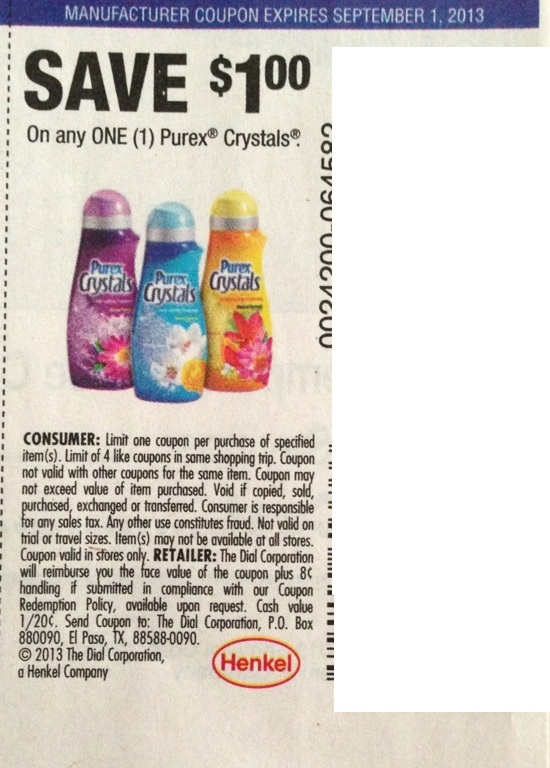 Save $1.00 on any one (1) Purex Crystals Expires 09-01-2013