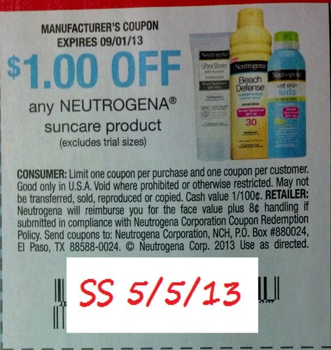 $1.00 off any Neutrogena suncare product (excludes trial sizes) Expires 09-01-2013