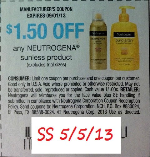 $1.50 off any Neutrogena sunless product (Excludes trial size) Expires 09-01-2013