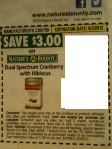 Save $3.00 on Nature's Bounty Dual Spectrum Cranberry with Hibiscus Expires 09-03-2013