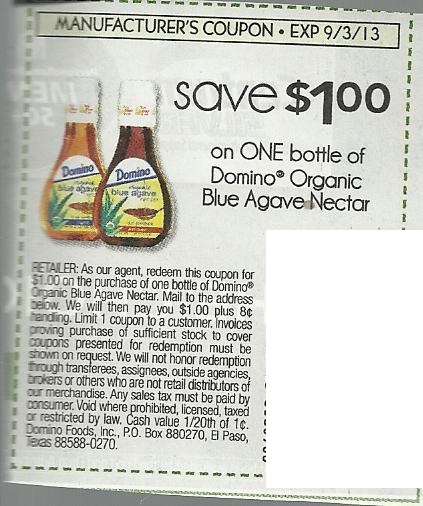 Save $1.00 on one bottle of Domino Organic Blue Agave Nectar Expires 09-03-2013