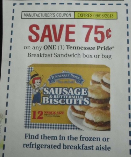 Save $0.75 on any One (1) Tennessee Pride Breakfast Sandwich box or bag Expires 09-03-2013