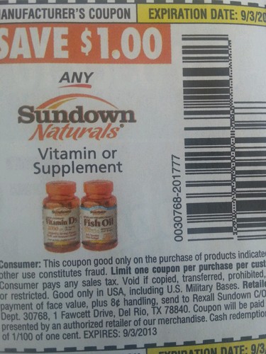 Save $1.00 any Sundown Naturals Vitamin or Supplement Expires 09-03-2013