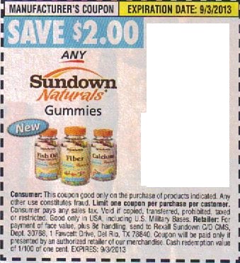 Save $2.00 any Sundown Natural's Gummies Expires 09-3-2013