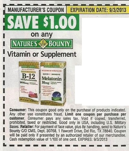 Save $1.00 on any Nature's Bounty Vitamin or Supplement Expires 09-03-2013