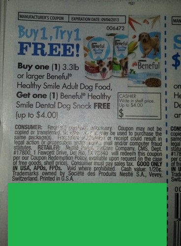 Buy 1 Try 1 FREE! Buy one (1) 3.3 lb or larger Beneful Healthy Smile Adult Dog Food, Get one (1) Beneful Healthy Smile Dental Dog Snack FREE (up to $4.00) Expires 09-04-2013