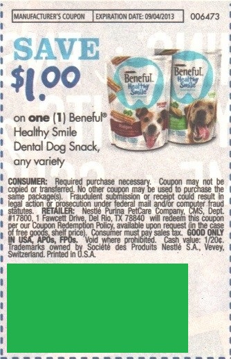 Save $1.00 on one (1) Beneful Healthy Smile Dental Dog Snack, any variety Expires 09-04-2013