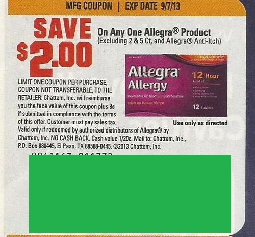 Save $2.00 on any one Allegra Product (Excluding 2 & 5 ct, and Allegra Anti inch) Expires 09-07-2013