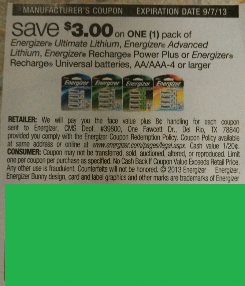 Save $3.00 on one (1) pack of Energizer Ultimate Lithium, Advanced Lithium, Recharge Power Plus or Recharge Universal batteries, AA/AAA-4 or larger Expires 09/07/2013